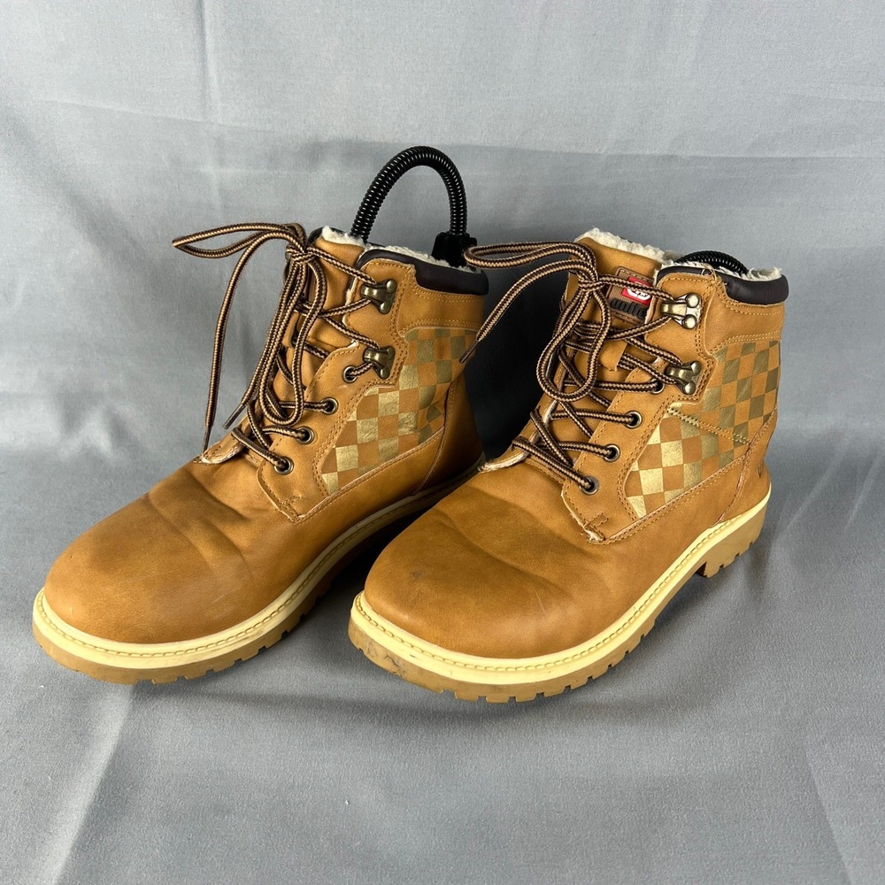 Ecko Unltd. Xander Boots Youth 6 Brown Checkerboard Print Faux Fur Lined Lace Up